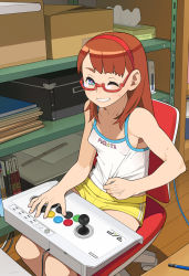Rule 34 | 1girl, arcade stick, bare shoulders, blue eyes, breasts, brown hair, chair, controller, english text, game controller, glasses, go robots, grin, gym shorts, hairband, highres, hori, joystick, long hair, no bra, office chair, one eye closed, original, parted lips, playing games, profanity, puffy nipples, red-framed eyewear, see-through, semi-rimless eyewear, shorts, sideboob, sitting, small breasts, smile, solo, sweat, swivel chair, tank top, tissue, tissue box, under-rim eyewear, wink