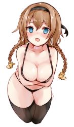 Rule 34 | 10s, 1girl, :o, animal ears, black bra, black panties, black thighhighs, blue eyes, blush, bra, braid, breasts, brown hair, chiune (yachi), cleavage, hairband, highres, kantai collection, large breasts, looking at viewer, open mouth, panties, simple background, solo, teruzuki (kancolle), thighhighs, twin braids, underwear, white background