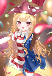Rule 34 | 1girl, absurdres, american flag dress, american flag pants, arms up, balloon, blonde hair, blush, breasts, clownpiece, commentary request, confetti, curtains, dress, eyelashes, eyes visible through hair, fire, floor, hair between eyes, hands up, hat, highres, holding, holding torch, jester cap, long hair, looking up, medium breasts, neck ruff, okome2028, open mouth, pants, polka dot, purple hat, red hair, shadow, short sleeves, smile, solo, standing, star (symbol), star print, striped clothes, striped dress, striped pants, torch, touhou
