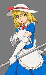 Rule 34 | 1girl, apron, blonde hair, blue dress, bow, dress, elbow gloves, frilled apron, frills, gloves, grey background, haramin3, hat, hat bow, highres, kana anaberal, open mouth, puffy short sleeves, puffy sleeves, red bow, red neckwear, short hair, short sleeves, simple background, sun hat, touhou, touhou (pc-98), v-shaped eyebrows, white apron, white hat, yellow eyes