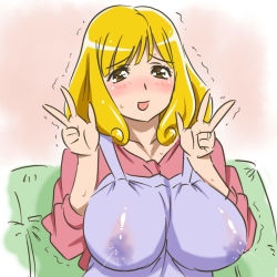 Rule 34 | 1girl, aged up, apron, blonde hair, blush, breasts, couch, eyelashes, flat color, hand gesture, jewelry, kaneko hiraku, kise yayoi, lactation, lactation through clothes, large breasts, long hair, looking at viewer, mature female, open mouth, pink background, precure, ring, shiny clothes, smile, smile precure!, solo, sweat, upper body, v