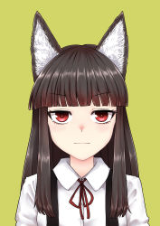 Rule 34 | 1girl, :3, absurdres, animal ears, blunt bangs, brown hair, closed mouth, collared shirt, commentary request, fox ears, fox girl, grey background, highres, inagaki yoko, indie virtual youtuber, long hair, looking at viewer, neck ribbon, original, red eyes, red ribbon, ribbon, shirt, simple background, smile, smug, solo, suspenders, toluda, upper body, virtual youtuber, white shirt, wing collar