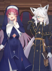 Rule 34 | 2girls, :d, ahoge, animal ear fluff, animal ears, blue dress, blue eyes, book, breast curtains, breasts, closed mouth, clothing cutout, colored inner hair, cross print, dress, extra ears, eyes visible through hair, fox ears, glasses, gloves, hair over one eye, heterochromia, highres, holding, holding book, hololive, houshou marine, houshou marine (nun), juliet sleeves, large breasts, long hair, long sleeves, looking at viewer, multicolored hair, multiple girls, nun, open mouth, oshiruko (oshiruco 212048), puffy sleeves, red eyes, red hair, shirakami fubuki, smile, standing, underboob cutout, veil, very long hair, virtual youtuber, white gloves, white hair, yellow eyes