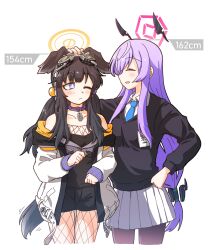 Rule 34 | 2girls, absurdres, animal ears, bare shoulders, black hair, blue archive, blue eyes, blush, breasts, dog ears, dog girl, dog tail, eyewear on head, fishnet pantyhose, fishnets, goggles, goggles on head, halo, hand on own hip, hariyaa, headgear, height difference, hibiki (blue archive), highres, long hair, long sleeves, looking at another, medium breasts, multiple girls, off shoulder, one eye closed, open mouth, pantyhose, purple eyes, purple hair, simple background, small breasts, smile, standing, tail, utaha (blue archive), yellow halo