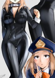 Rule 34 | 1girl, arm behind back, artist name, ass, black bodysuit, blush, bodysuit, boku no hero academia, breasts, brown eyes, brown hair, cleavage, cliov, collarbone, hat, highres, knees together feet apart, large breasts, medium hair, parted lips, school uniform, simple background, skin tight, solo, thigh gap, thighs, utsushimi kemii, white background, wrist cuffs