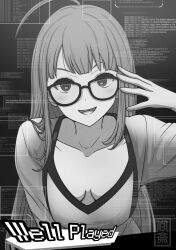 Rule 34 | 1girl, :d, absurdres, ahoge, breasts, collarbone, commission, english text, glasses, greyscale, hakusai (user nkkd7242), hand up, highres, long hair, monochrome, open mouth, persona, persona 5, sakura futaba, shirt, skeb commission, small breasts, smile, solo, very long hair