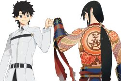 Rule 34 | 2boys, back, black hair, blue eyes, chaldea uniform, chinese clothes, commentary request, fate/grand order, fate (series), fist bump, flower tattoo, fujimaru ritsuka (male), full-body tattoo, gauntlets, green eyes, hair between eyes, jacket, light smile, long hair, long sleeves, looking at another, male focus, multiple boys, ponytail, short hair, simple background, smile, tansaninryou, tattoo, text tattoo, topless male, uniform, upper body, very long hair, white background, yan qing (fate)
