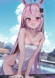 Rule 34 | 1girl, ahoge, animal ear fluff, animal ears, bare shoulders, blush, breasts, fang, hair ornament, hairclip, highres, indie virtual youtuber, kanzarin, long hair, looking at viewer, naked towel, onsen, open mouth, pink eyes, pink hair, rabbit ears, rabbit tail, skin fang, small breasts, solo, steam, tail, tomari mari, towel, very long hair, virtual youtuber, wading, water, wet