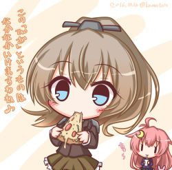 Rule 34 | 2girls, :t, black skirt, blue eyes, blue shirt, blush, brown jacket, brown skirt, closed mouth, crescent, crescent hair ornament, cup, dated, disposable cup, drinking, drinking straw, eating, food, hair between eyes, hair ornament, high ponytail, holding, holding cup, holding food, jacket, kantai collection, komakoma (magicaltale), kumano (kancolle), light brown hair, long sleeves, looking at viewer, multiple girls, pink hair, pizza, pizza slice, pleated skirt, ponytail, rabbit hair ornament, shirt, skirt, translation request, twitter username, uzuki (kancolle), | |, || ||
