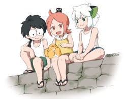 Rule 34 | 1girl, 2boys, a&#039;gen (the legend of luoxiaohei), black footwear, black hair, blue shorts, brown shorts, child, green eyes, green shorts, june mina, luo xiaobai, luo xiaohei, luo xiaohei (human), luo xiaohei zhanji, multiple boys, no nose, open mouth, pink eyes, pink hair, sandals, shirt, shorts, sitting, sleeveless, sleeveless shirt, smile, tank top, white background, white hair, white tank top, yellow shirt