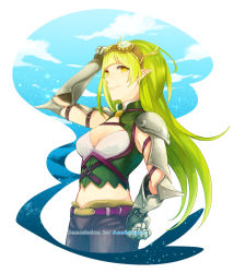 Rule 34 | 1girl, adjusting goggles, armor, belt, borrowed character, breasts, cleavage, cloud, cowboy shot, gauntlets, goggles, goggles on head, green hair, hand on own hip, long hair, midriff, navel, original, pointy ears, ravee of titans, rynn (acerailgun), shoulder armor, smile, solo, pauldrons, standing, yellow eyes
