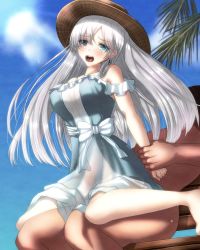 Rule 34 | 1boy, 1girl, anastasia (fate), anastasia (swimsuit archer) (fate), anastasia (swimsuit archer) (first ascension) (fate), bare shoulders, blue dress, blue eyes, blush, breasts, clothed sex, collarbone, dress, earrings, fate/grand order, fate (series), free note017, girl on top, hair over one eye, hairband, hat, hetero, jewelry, large breasts, long hair, reverse cowgirl position, see-through, see-through skirt, sex, sex from behind, silver hair, skirt, straddling, straw hat, very long hair