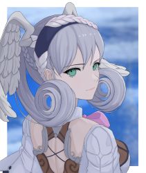 Rule 34 | 1girl, border, braid, breasts, commentary request, crown braid, curly hair, detached collar, from behind, green eyes, grey hair, head wings, highres, light smile, looking at viewer, medium breasts, melia antiqua, neck ribbon, pink ribbon, ribbon, short hair, short sleeves, solo, tourniquet (tourniquet tk), upper body, white border, wings, xenoblade chronicles: future connected, xenoblade chronicles (series), xenoblade chronicles 1