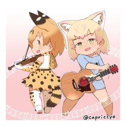 Rule 34 | 10s, 2girls, :d, animal ears, bad id, bad pixiv id, bare shoulders, blonde hair, broken string, capriccyo, cat ears, cat tail, chibi, commentary request, elbow gloves, from behind, gloves, guitar, highres, instrument, kemono friends, looking at viewer, multiple girls, music, off-shoulder shirt, off shoulder, open mouth, playing instrument, sand cat (kemono friends), serval (kemono friends), serval tail, shirt, short hair, smile, tail, twitter username, violin