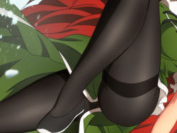 Rule 34 | 1girl, black footwear, black pantyhose, breasts, chinese clothes, commentary request, frilled shirt, frilled sleeves, frills, gluteal fold, green skirt, green vest, head out of frame, hong meiling, leg up, legs, long hair, lower body, medium breasts, pantyhose, red hair, shirt, skirt, standing, standing on one leg, thick thighs, thighs, touhou, very long hair, vest, white shirt, yadokari genpachirou