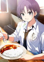 Rule 34 | 1girl, asakura toru, black necktie, blue eyes, blue hair, brown hair, collarbone, collared shirt, curry, curry rice, eating, food, food on face, gradient hair, highres, holding, holding spoon, idolmaster, idolmaster shiny colors, indoors, looking at viewer, misaki nonaka, multicolored hair, necktie, plate, rice, school uniform, shirt, short hair, short sleeves, sitting, solo, spoon, stain, white shirt