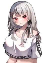 Rule 34 | 1girl, black hair, braid, breasts, character name, cleavage, copyright name, crop top, grey hair, hair ornament, hairpin, hololive, hololive dance practice uniform, kimura mitsuki, large breasts, long hair, looking at viewer, multicolored hair, navel, official alternate costume, red eyes, sakamata chloe, single braid, smile, solo, streaked hair, virtual youtuber, x hair ornament