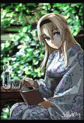 Rule 34 | 1girl, belt, blonde hair, blue eyes, blush, book, bottle, closed mouth, cup, drinking glass, glass, hair between eyes, hair ornament, headband, highres, japanese clothes, kantai collection, kimono, long hair, one-hour drawing challenge, seitei (04seitei), solo, table, tree, twitter username, warspite (kancolle), water, yukata
