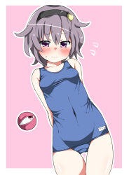 Rule 34 | 1girl, 3:, arms behind back, blue one-piece swimsuit, blush, breasts, character name, closed mouth, collarbone, covered navel, cowboy shot, disembodied eye, dutch angle, embarrassed, flipped hair, flying sweatdrops, grey hair, hairband, heart, highres, komeiji satori, kz oji, legs together, looking at another, looking at viewer, looking up, name tag, old school swimsuit, one-piece swimsuit, outline, outside border, pink background, pink eyes, purple eyes, purple hair, raised eyebrows, school swimsuit, short hair, simple background, small breasts, solo, standing, sweat, sweatdrop, swimsuit, taut clothes, thigh gap, third eye, touhou