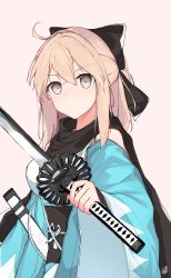 Rule 34 | 1girl, ahoge, arm guards, black scarf, blonde hair, bow, breasts, closed mouth, fate/grand order, fate (series), hair between eyes, hair bow, hand up, haori, highres, holding, holding sword, holding weapon, japanese clothes, katana, kimono, long sleeves, looking at viewer, maccaron, medium breasts, medium hair, obi, off shoulder, okita souji (fate), okita souji (koha-ace), red eyes, sash, scarf, sheath, sidelocks, signature, solo, standing, sword, upper body, weapon, white background, white kimono, wide sleeves