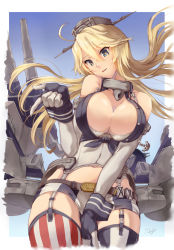 Rule 34 | 10s, 1girl, armadillo-tokage, blonde hair, blue eyes, breasts, cleavage, commentary request, garter straps, gloves, hat, iowa (kancolle), kantai collection, large breasts, long hair, miniskirt, skirt, solo, star-shaped pupils, star (symbol), symbol-shaped pupils, thighhighs