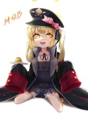 Rule 34 | 1girl, absurdres, black coat, black hat, blonde hair, bloomers, blue archive, coat, collared shirt, dated, food, food on face, halo, hat, highres, ibuki (blue archive), lir (cuhc3357), long hair, looking at viewer, neck ribbon, open clothes, open coat, open mouth, peaked cap, pointy ears, pudding, red ribbon, ribbon, shirt, side ponytail, simple background, sleeves past fingers, sleeves past wrists, smile, solo, underwear, white background, white bloomers, white shirt, yellow eyes, yellow halo