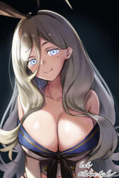 Rule 34 | 1girl, black background, black neckerchief, blonde hair, blue eyes, blue sailor collar, breasts, cleavage, eckert&amp;eich, hair between eyes, highres, kantai collection, large breasts, long hair, mole, mole under eye, mole under mouth, neckerchief, off-shoulder shirt, off shoulder, one-hour drawing challenge, richelieu (kancolle), sailor collar, shimakaze (kancolle), shirt, simple background, smile, solo, upper body