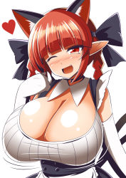 Rule 34 | 1girl, alternate breast size, alternate costume, animal ears, braid, breasts, cat ears, cleavage, extra ears, gero zoukin, highres, huge breasts, kaenbyou rin, long hair, multiple tails, nekomata, pointy ears, red eyes, red hair, solo, tail, touhou, twin braids, two tails, white background
