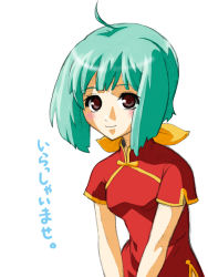 Rule 34 | 00s, 1girl, blue hair, blush, china dress, chinese clothes, dress, macross, macross frontier, ranka lee, red eyes, simple background, smile, solo
