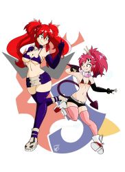 Rule 34 | 2girls, belt, black gloves, black legwear, black shorts, breasts, cosplay, costume switch, demon tail, demon wings, disgaea, elbow gloves, etna (disgaea), etna (disgaea) (cosplay), fingerless gloves, gloves, hair ornament, unworn hair ornament, hair stick, hand up, highres, large breasts, leg up, multiple girls, navel, parted lips, pink legwear, pointy ears, ponytail, red hair, shoes, shorts, signature, skindentation, small breasts, smile, superretroheart, tail, tengen toppa gurren lagann, thighhighs, twintails, voice actor connection, white belt, wings, yoko littner, yoko littner (cosplay)