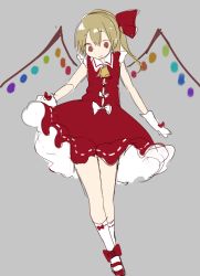 Rule 34 | 1girl, ascot, blonde hair, bow, closed mouth, collared dress, dress, flandre scarlet, footwear bow, full body, gloves, grey background, hair between eyes, hair ribbon, looking down, mary janes, no headwear, one side up, paragasu (parags112), red bow, red dress, red eyes, red footwear, red ribbon, ribbon, ribbon-trimmed dress, shoes, short hair, simple background, sleeveless, sleeveless dress, smile, socks, solo, standing, touhou, white gloves, white socks, wings, yellow ascot