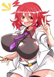 Rule 34 | 1girl, ahoge, armband, black thighhighs, blush, breasts, checkered clothes, checkered shirt, colored eyelashes, curvy, drumsticks, earrings, eyebrows, eyes visible through hair, fang, flying sweatdrops, gradient eyes, highres, horikawa raiko, huge breasts, jacket, jewelry, looking at viewer, loose necktie, midriff, miniskirt, mitsudomoe (shape), multicolored eyes, navel, neck, necktie, open clothes, open jacket, open mouth, red eyes, red hair, rindou (p41neko), shirt, short hair, short sleeves, simple background, skirt, smile, solo, sweat, thick thighs, thighhighs, thighs, tomoe (symbol), tongue, touhou, v, white jacket, white skirt, wide hips, yellow eyes