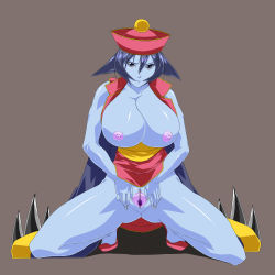 Rule 34 | 1girl, absurdres, blue eyes, blue hair, blue skin, breasts, breasts out, capcom, censored, colored skin, hat, highres, huge breasts, ksaiki, lei lei, matching hair/eyes, monster girl, nipples, pointless censoring, pussy, simple background, solo, spread legs, spread pussy, squatting, vampire (game)
