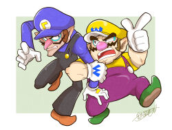 Rule 34 | 2boys, black overalls, black pants, blue eyes, border, brown footwear, brown hair, buttons, cleft chin, clenched teeth, commentary request, facial hair, full body, green background, green footwear, hand up, hat, highres, locked arms, long sleeves, looking at another, male focus, mario (series), multiple boys, mustache, nintendo, omu (sinsindan), open mouth, outside border, overalls, pants, pointy ears, purple headwear, purple overalls, purple pants, purple shirt, shirt, shoes, short hair, short sleeves, signature, simple background, standing, sweatdrop, teeth, thick eyebrows, v-shaped eyebrows, waluigi, wario, white border, yellow headwear, yellow shirt
