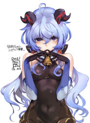Rule 34 | 1girl, ahoge, bare shoulders, bell, black leotard, blue gloves, blue hair, blush, bodystocking, breasts, brown pantyhose, covered navel, elbow gloves, ganyu (genshin impact), genshin impact, gloves, highleg, highleg leotard, highres, horns, large breasts, leotard, long hair, looking at viewer, pantyhose, purple eyes, revision, smile, solo, tooya daisuke
