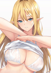 Rule 34 | 1girl, anza tomo, bare shoulders, bikini, blonde hair, blue eyes, blush, breasts, camisole, cleavage, clothes lift, elf, large breasts, lifting own clothes, long hair, looking at viewer, original, parted lips, pointy ears, shirt lift, smile, swimsuit, white bikini, white camisole