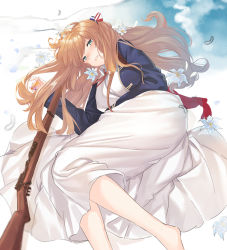 Rule 34 | 1girl, american flag, american flag print, arm across waist, bad id, bad pixiv id, barefoot, blazer, blush, bolt action, breasts, brown hair, dhfz181, dress, feathers, flag print, flower, girls&#039; frontline, gloves, green eyes, gun, hair between eyes, hair ribbon, hair rings, half-closed eyes, holding, holding weapon, jacket, large breasts, long dress, long hair, long sleeves, looking at viewer, lying, m1903 springfield, multiple girls, on side, open mouth, ponytail, red neckwear, ribbon, rifle, shirt, sidelocks, skirt, smile, solo, springfield (girls&#039; frontline), weapon, white dress