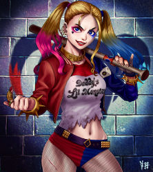 Rule 34 | 1girl, baseball bat, batman (series), belt, blonde hair, blue eyes, blue hair, bracelet, breasts, come at me bro, dc comics, dccu, ear piercing, eyeshadow, fang, fishnet pantyhose, fishnets, forehead, gradient hair, grin, harley quinn, highres, jacket, jewelry, lipstick, long hair, makeup, making-of available, matching hair/eyes, multicolored clothes, multicolored hair, navel, pantyhose, piercing, pink hair, pinky out, ryu shou, safety pin, short shorts, shorts, smile, solo, spiked bracelet, spikes, studded belt, suicide squad, torn clothes, twintails