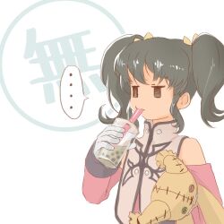 Rule 34 | 1girl, anise tatlin, bare shoulders, black eyes, black hair, bow, bubble tea challenge, buttons, child, commentary request, cup, detached sleeves, disposable cup, doll, drinking, drinking straw, gloves, hair bow, high collar, holding, holding cup, holding doll, long hair, miya (savacatora), pink sleeves, sidelocks, simple background, solo, speech bubble, tales of (series), tales of the abyss, tokunaga (tales), translation request, twintails, white background, white gloves, yellow bow