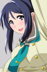 Rule 34 | 1girl, artist name, artist request, blue hair, blush, breasts, buttons, close-up, collarbone, doki2sdale, female focus, floating hair, green neckerchief, green necktie, grey background, grey sailor collar, hair between eyes, high ponytail, highres, large breasts, long hair, looking at viewer, love live!, love live! sunshine!!, matsuura kanan, neckerchief, necktie, parted lips, ponytail, puffy short sleeves, puffy sleeves, purple eyes, sailor collar, school uniform, shirt, short sleeves, smile, solo, tie clip, upper body, uranohoshi school uniform, wavy hair, white shirt