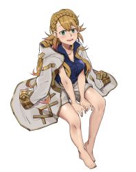 Rule 34 | 1girl, absurdres, blonde hair, blush, braid, contemporary, ebinku, fire emblem, fire emblem heroes, gloves, green eyes, highres, invisible chair, kiran (fire emblem), long hair, looking at viewer, nintendo, open mouth, sharena (fire emblem), simple background, sitting, smile, solo, white background