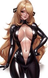 Rule 34 | 1girl, areola slip, black bodysuit, blonde hair, bodysuit, breasts, cowboy shot, creatures (company), cynthia (pokemon), game freak, grey eyes, hair ornament, hair over one eye, hand on own hip, highres, large breasts, lips, long hair, looking at viewer, navel, nintendo, open bodysuit, open clothes, parted lips, pokemon, pokemon dppt, solo, stomach, very long hair, volyz, zipper