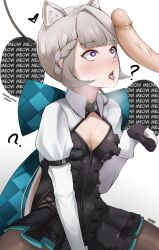 Rule 34 | 1boy, 1girl, ?, animal ears, black dress, blush, braid, breasts, cat ears, cat girl, dress, drooling, english text, erection, eroborne, genshin impact, grey hair, hair ribbon, heart, heart-shaped pupils, highres, imminent fellatio, leash, looking at penis, lynette (genshin impact), open mouth, pantyhose, penis, penis awe, penis on face, purple eyes, ribbon, saliva, simple background, small breasts, speech bubble, symbol-shaped pupils, tongue, tongue out, uncensored, white background