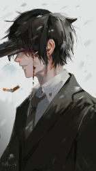 Rule 34 | 1boy, absurdres, artist name, black hair, black jacket, bleeding, blood, blood on face, chainsaw man, collared shirt, commentary request, formal, from side, grey background, hayakawa aki, highres, impaled, injury, jacket, male focus, necktie, null (skev7724), parted lips, profile, shirt, short hair, solo, spoilers, teeth, upper body, white shirt