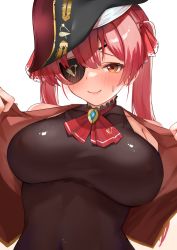 Rule 34 | 1girl, arrow through heart, ascot, bare shoulders, bicorne, black hat, black leotard, blush, breasts, closed mouth, covered erect nipples, covered navel, cropped jacket, eyepatch, hat, hololive, houshou marine, impossible clothes, impossible leotard, large breasts, leotard, long hair, looking at viewer, md5 mismatch, neko no suke (nekoneco118), one eye covered, open clothes, open vest, pirate hat, red ascot, red eyes, red hair, red vest, resolution mismatch, revision, sleeveless, sleeveless jacket, smile, solo, source larger, twintails, undressing, upper body, vest, virtual youtuber