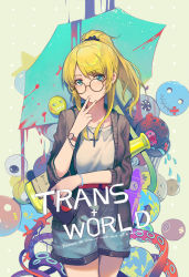 Rule 34 | 10s, 1girl, ayase eli, bandaid, blonde hair, blood, blood splatter, blue eyes, bottle, bracelet, cardigan, clock, clock tower, cork, cowboy shot, cross, cross necklace, eyeball, fingers to mouth, frown, glasses, holding, huanxiang heitu, jewelry, looking at viewer, love live!, love live! school idol festival, love live! school idol project, necklace, pocketbook, ponytail, round eyewear, scrunchie, shorts, smiley face, solo, tentacles, tower, v, watch, water drop, wristwatch