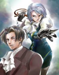 Rule 34 | 1boy, 1girl, ace attorney, ascot, assertive female, bad anatomy, bad hands, blue hair, blunt-katana, bob cut, breasts, brown pantyhose, capcom, cufflinks, formal, franziska von karma, gloves, long sleeves, looking at viewer, looking to the side, medium breasts, miles edgeworth, mole, mole under eye, pantyhose, parted lips, pencil skirt, short hair, skirt, smile, standing, suit, whip