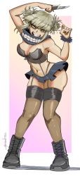 Rule 34 | 1girl, bags under eyes, black skirt, blonde hair, boku no hero academia, boots, breasts, bustier, chris metzner, cleavage, double bun, fangs, hair bun, highres, holding, holding knife, knife, large breasts, lingerie, messy hair, microskirt, navel, open mouth, scrunchie, sidelocks, simple background, skirt, smile, solo, suspender skirt, suspenders, thighhighs, thighs, toga himiko, underwear, wrist scrunchie, yellow eyes