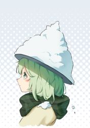 Rule 34 | 1girl, blush, cropped torso, expressionless, from side, garasuno, green eyes, green hair, halftone, halftone background, hat, highres, komeiji koishi, looking up, medium hair, plaid, profile, scarf, simple background, snow, solo, touhou, upper body