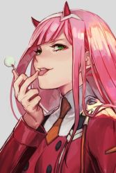 Rule 34 | 10s, 1girl, candy, darling in the franxx, eyeshadow, food, green eyes, grey background, hairband, hand up, horns, hungry clicker, lollipop, long hair, looking at viewer, makeup, middle finger, necktie, oni horns, orange necktie, parted lips, pink hair, simple background, smile, solo, straight hair, tongue, tongue out, uniform, upper body, white hairband, zero two (darling in the franxx)